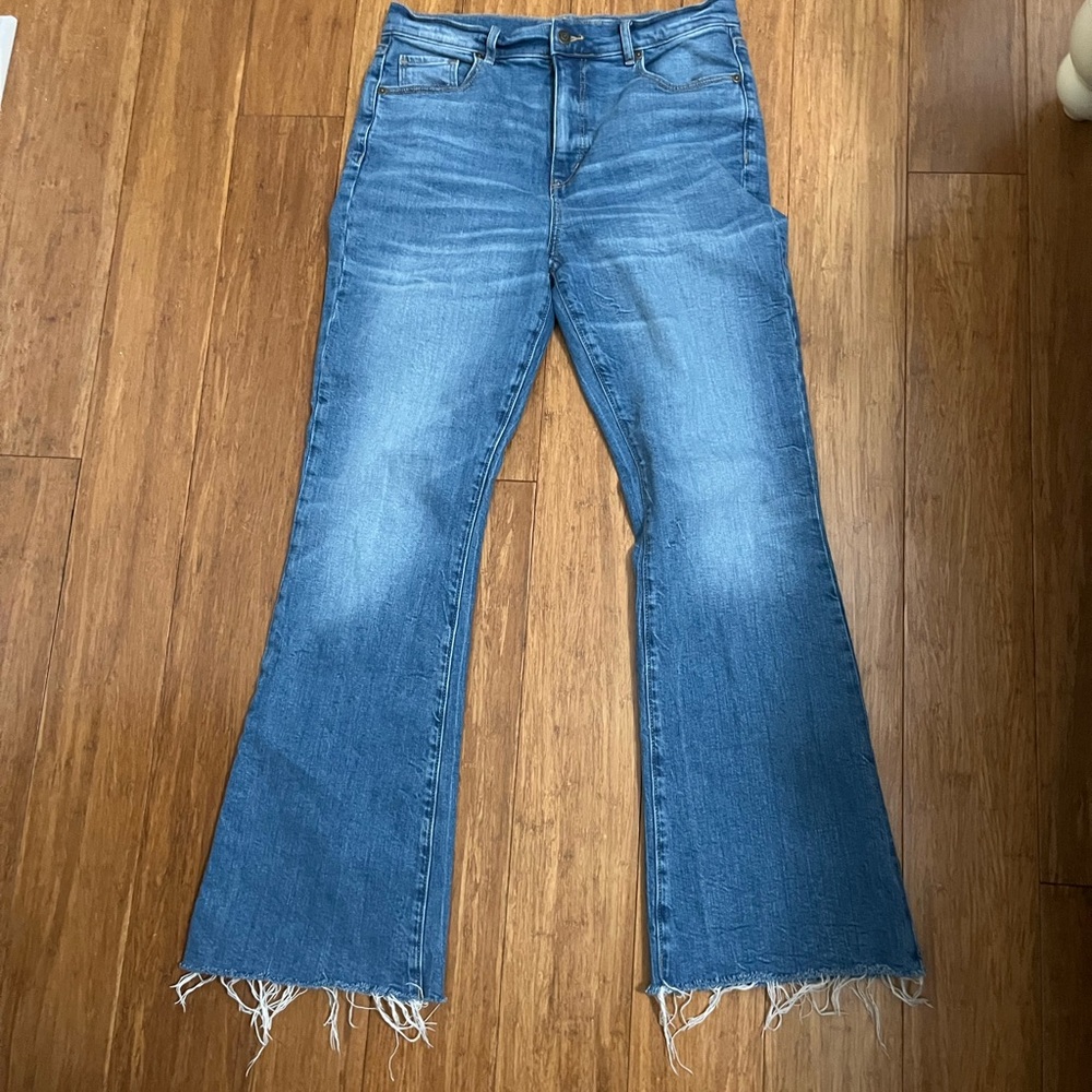 LOFT Medium Blue Flare Jeans with Frayed Hem